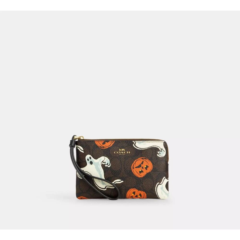 Coach Corner Zip Wristlet In Signature Canvas With Halloween Print Walnut Ghost - Picture 3 of 16